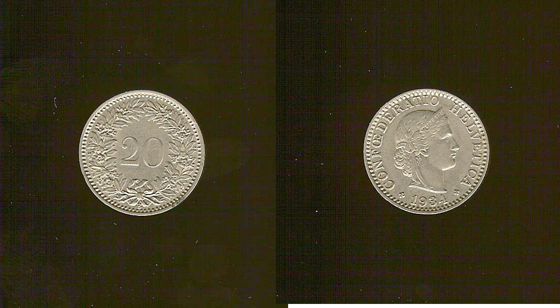 SUISSE 20 Centimes (Rappen) Helvetia 1934 Berne SUP